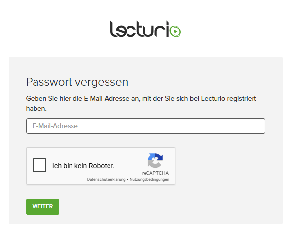 Screenshot nach Anklicken des "Passwort-vergessen"-Links zur Eingabe der E-Mailadresse und Bestätigung, dass man kein Roboter ist