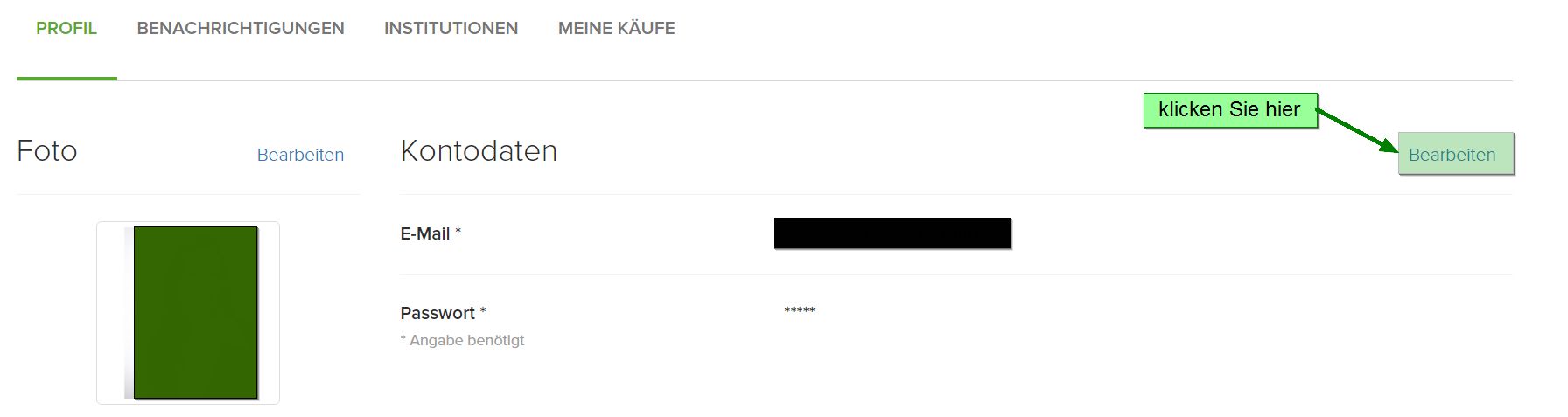 Screenshot der Kontoeinstellungen mit Button "Bearbeiten" oben rechts